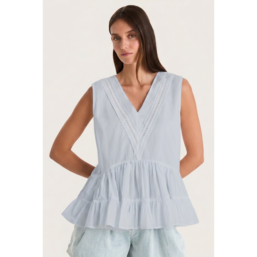 Merlette Senda Top Skye Blue Small Sleeveless Ruffle Cotton Blouse NWT $395